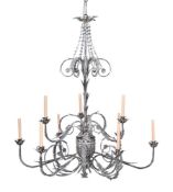 A LARGE NEO-CLASSICAL DESIGN, WROUGHT METAL TWO TIER CHANDELIER, LATE 20TH CENTURY