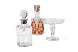 A CZECH CUT-GLASS, AMBER-FLASHED DECANTER, 20TH CENTURY, TOGETHER WITH ANOTHER DECANTER AND A TAZZA