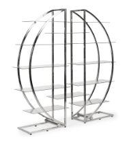A CHROMIUM PLATED CIRCULAR TWO SECTION DISPLAY SHELF, CIRCA 1970