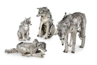 CARLOS DAWE, A METAL SCULPTURAL STUDY OF A FAMILY OF WOLVES, 20TH CENTURY
