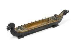 A CHINESE STYLE BRONZE 'DRAGON BOAT' INCENSE CLOCK FORM INKSTAND, PROBABLY FRENCH, LATE 19TH CENTURY