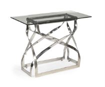 A CHROME PLATED RIBBON TWIST CONSOLE TABLE WITH GLASS TOP, CIRCA 1970