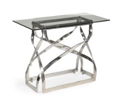 A CHROME PLATED RIBBON TWIST CONSOLE TABLE WITH GLASS TOP, CIRCA 1970