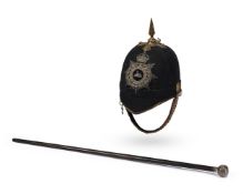Y AN EDWARDIAN 5TH EAST LANCASHIRE REGIMENT, BLUE CLOTH OFFICERS HELMET AND PLATE, AND SWAGGER STICK