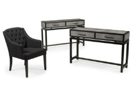 A PAIR OF FAUX SHAGREEN AND EBONISED CONSOLE OR SIDE TABLES, TOGETHER WITH AN ARMCHAIR, MODERN