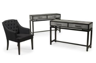 A PAIR OF FAUX SHAGREEN AND EBONISED CONSOLE OR SIDE TABLES, TOGETHER WITH AN ARMCHAIR, MODERN