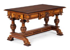 Y A VICTORIAN CARVED OAK AND PURPLEHEART LIBRARY TABLE, CIRCA 1845