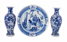 A PAIR OF CHINESE BLUE AND WHITE PHOENIX TAIL VASES, 19TH CENTURY, TOGETHER WITH A CHARGER