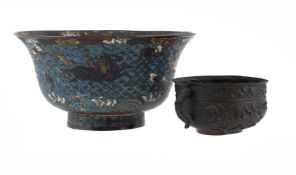 A JAPANESE CLOISONNE BOWL IN MING STYLE, 19TH CENTURY, TOGETHER WITH A CHINESE BRONZE CENSER
