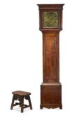 A GEORGE III OAK THIRTY-HOUR LONGCASE CLOCK, WILLIAM WOODLEY, 18TH CENTURY, TOGETHER WITH A STOOL