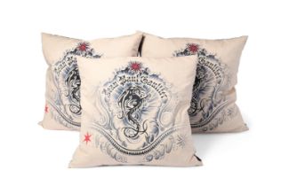 JEAN-PAUL GAULTIER FOR ROCHE BOBOIS, A SET OF THREE LARGE PRINTED FABRIC CUSHIONS, 20TH CENTURY
