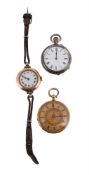 A GOLD FOB WATCH, A 9 CARAT GOLD WRISTWATCH AND A SILVER FOB WATCH