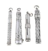 THREE SILVER PROPELLING PENCILS AND A CHEROOT HOLDER