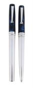 MONTEGRAPPA, 300 SERIES, A SILVER AND BLUE MARBLED FOUNTAIN PEN AND BALLPOINT PEN