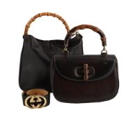GUCCI, TWO BROWN LEATHER HANDBAGS AND A BELT