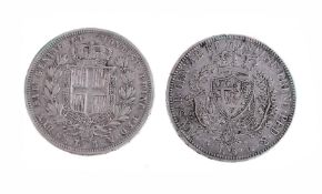 ITALY, SARDINIA, CARLO FELICE, 5-LIRE 1826 (KM 116.2), CARLO ALBERTO, 5-LIRE 1833 (KM 130.2)