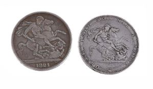 GEORGE III AND GEORGE IV, CROWNS (2), 1820 LX, 1821 SECUNDO (S 3787, 3805)