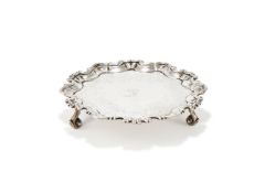 A GEORGE II IRISH SILVER SHAPED CIRCULAR CARD TRAY