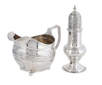 A GEORGE III SILVER SUGAR CASTER AND A GEORGE III CREAM JUG