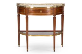 A FRENCH BRASS MOUNTED MAHOGANY DEMI LUNE CONSOLE DESSERTE OF LOUIS XVI STYLE