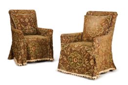 A PAIR OF EBONISED ARMCHAIRS OF GEORGE III STYLE