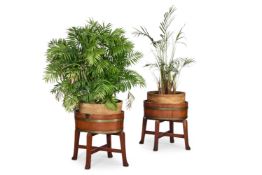 A PAIR OF BRASS-BOUND HARDWOOD OVAL JARDINIERES, 20TH CENTURY