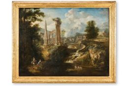 CIRCLE OF WILLIAM VAN DE HAGEN (DUTCH FL. 1722-1745), A RIVER LANDSCAPE WITH CLASSICAL RUINS