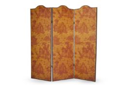 A PRINTED WALLPAPERED THREE FOLD SCREEN IN TOILE DE JOUY