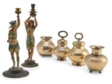 A MATCHED PAIR OF POLYCHROME PAINTED SPELTER FIGURAL CANDLESTICKS, 20TH CENTURY