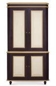 A PAINTED PINE TWO TIER CUPBOARD IN AUBERGINE AND BUFF TONES, BY ANTONY LITTLE