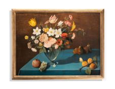 PIERRE-MARIE RUDELLE (FRENCH 1932-2015 ), STILL LIFE OF FLOWERS IN A VASE WITH PEACHES AND PEARS