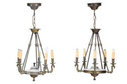 A PAIR OF FRENCH EMPIRE REVIVAL PATINATED BRASS FIVE LIGHT CHANDELIERS, 20TH CENTURY