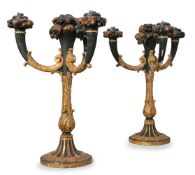 A PAIR OF ITALIAN CARVED GILTWOOD AND POLYCHROME THREE BRANCH CANDELABRA, LATE 19TH CENTURY