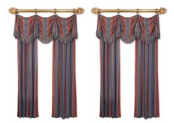 TWO PAIRS OF RED AND BLUE STRIPED CURTAINS, BY OSBORNE AND LITTLE