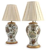 A PAIR OF CHINOISERIE DECALCOMANIA DECORATED GLASS TABLE LIGHTS, MODERN