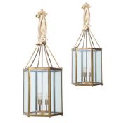 A PAIR OF BRASS HEXAGONAL HALL LANTERNS, MID 20TH CENTURY