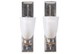 A PAIR OF SILVERED METAL WALL LIGHTS, MODERN