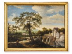 JAN PENNITS (DUTCH 1627-1700), RIVER LANDSCAPE WITH BRIDGE AND CASTLE