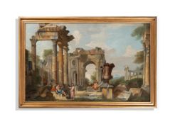 FOLLOWER OF PAULO PANINI (ITALIAN 1691-1765), A CAPRICCIO OF CLASSICAL RUINS WITH FIGURES IN ...
