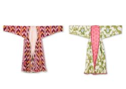 TWO UZBEK SILK IKAT ROBES OF CHAPAN FORM, PROBABLY LATE 19TH/EARLY 20TH CENTURY