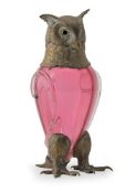 A SILVERPLATE MOUNTED RUBY AND CLEAR CASED GLASS ANTHROPOMORPHIC 'OWL' CLARET JUG, LATE 19TH CENTURY