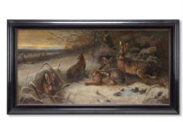 ANTON WEINBERGER (GERMAN 1843-1912), HARES WITH HUNTSMEN