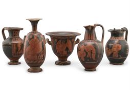 A GROUP OF FIVE COLD PAINTED TERRACOTTA JUGS, URNS AND VASES IN THE ETRUSCAN MANNER