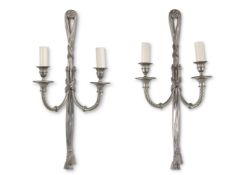 A PAIR OF SILVER COLOURED METAL TWO BRANCH WALL LIGHTS, MODERN