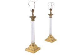 A PAIR OF BRASS MOUNTED GLASS CORINTHIAN COLUMN TABLE LAMPS, MODERN