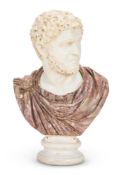 AFTER THE ANTIQUE- A WHITE AND BRECCIA ROSSO MARBLE BUST OF CARACALLA, 20TH CENTURY