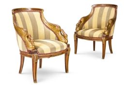A PAIR OF FRENCH EMPIRE REVIVAL MAHOGANY AND PARCEL-GILT BERGERES, EARLY 20TH CENTURY