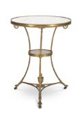 A FRENCH BRASS AND WHITE MARBLE GUERIDONLATE 19TH CENTURY With a circular top and undertier on a