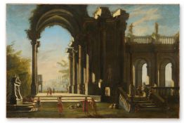CIRCLE OF ALBERTO CARLIERI (ITALIAN 1672-c.1720), FIGURES AMONGST THE RUINS OF A CLASSICAL TEMPLE