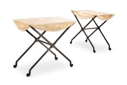 A PAIR OF WHITE-PAINTED METAL AND BRONZED X-FRAME TABLESBY ANTONY LITTLEThe tops modelled as drape